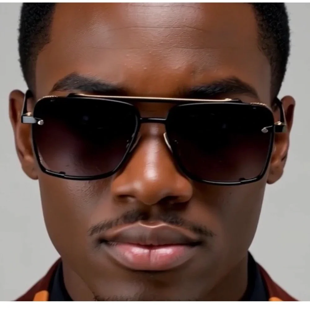Aviator Sunglasses Men Rectangular Frame Gold‎ Accent Black Shades Classic Retro